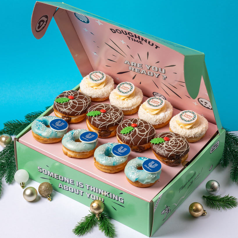 Corporate "Happy Holidays" mini doughnut gift box with logo