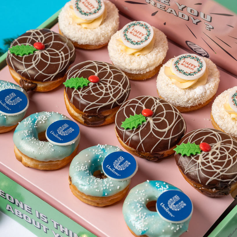 Corporate "Happy Holidays" mini doughnut gift box with logo