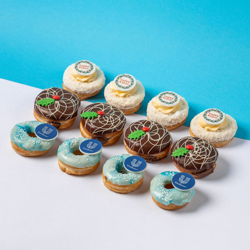 Corporate "Happy Holidays" mini doughnut gift box with logo