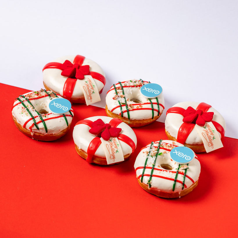 Corporate "Happy Holidays" doughnut gift box with logo (vegan)