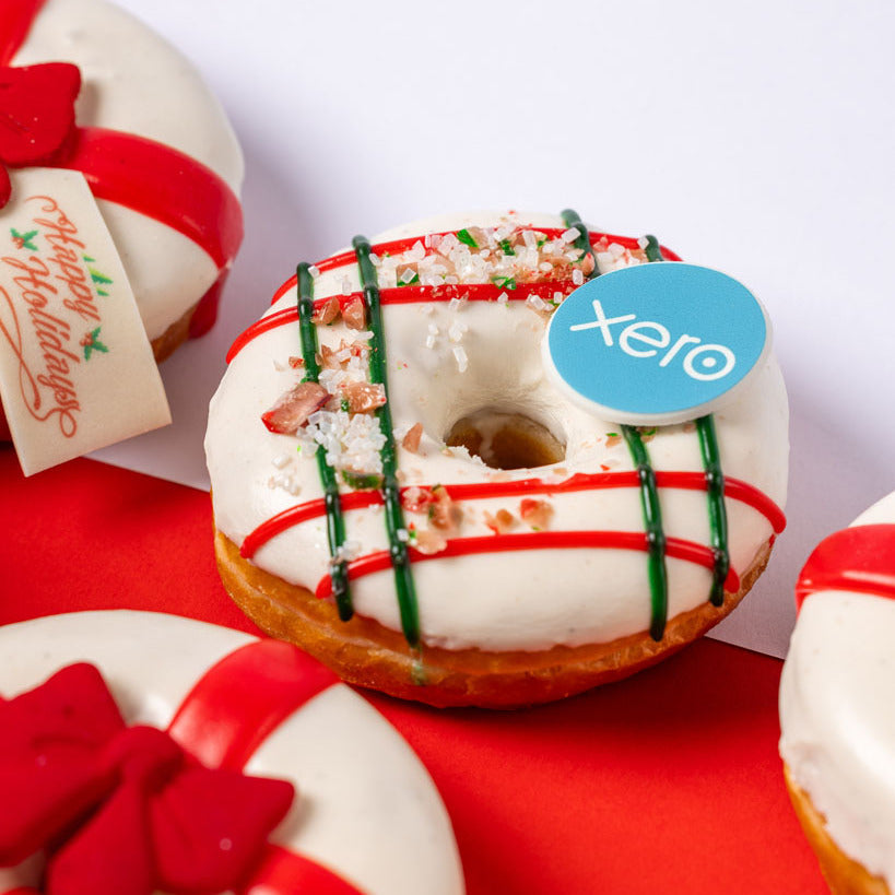 Corporate "Happy Holidays" vegan doughnut gift box with logo