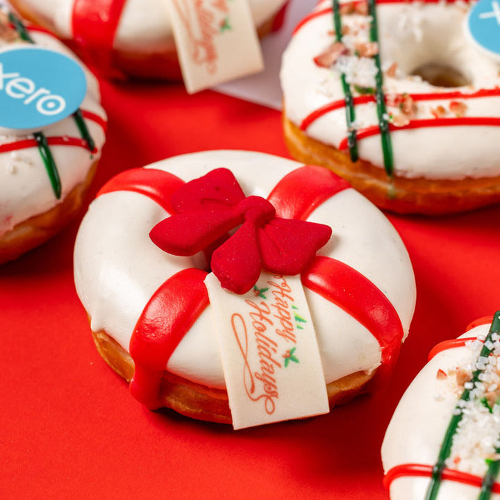 Corporate "Happy Holidays" vegan doughnut gift box with logo