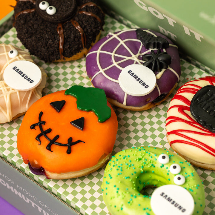 "Corporate Halloween" vegan doughnut gift box with logo