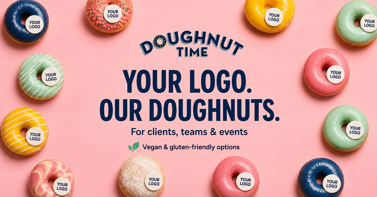 Your logo. Our doughnuts. Branded doughnuts with logo toppers for clients, teams and events. Vegan and gluten-friendly options.